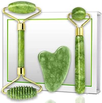 4-in-1 Jade Roller and Gua Sha Set. Jade Face Roller with Eye Massager, Jade Gua Sha, Ridged Roller 
