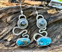 Image 1 of Flow ~ Morenci Turquoise and Labradorite Earrings, Sterling Silver Totum Earrings, Artisan Earrings