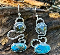 Image 2 of Flow ~ Morenci Turquoise and Labradorite Earrings, Sterling Silver Totum Earrings, Artisan Earrings