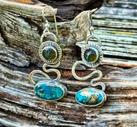 Image 3 of Flow ~ Morenci Turquoise and Labradorite Earrings, Sterling Silver Totum Earrings, Artisan Earrings