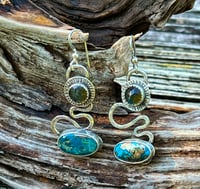 Image 4 of Flow ~ Morenci Turquoise and Labradorite Earrings, Sterling Silver Totum Earrings, Artisan Earrings