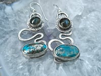 Image 5 of Flow ~ Morenci Turquoise and Labradorite Earrings, Sterling Silver Totum Earrings, Artisan Earrings