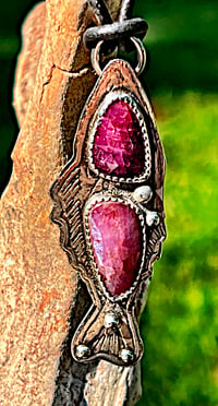 Image 3 of Flashy Pink, Double Sapphire Fish Pendant, Set in Sterling Silver