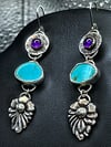 Kingman Turquoise and Amethyst Earrings, set in Sterling Silver. Long Earrings