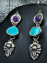 Image 1 of Kingman Turquoise and Amethyst Earrings, set in Sterling Silver. Long Earrings