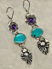 Image 2 of Kingman Turquoise and Amethyst Earrings, set in Sterling Silver. Long Earrings