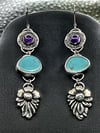 Kingman Turquoise and Amethyst Earrings, set in Sterling Silver. Long Earrings