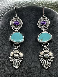 Image 3 of Kingman Turquoise and Amethyst Earrings, set in Sterling Silver. Long Earrings