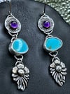 Kingman Turquoise and Amethyst Earrings, set in Sterling Silver. Long Earrings