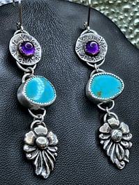 Image 4 of Kingman Turquoise and Amethyst Earrings, set in Sterling Silver. Long Earrings