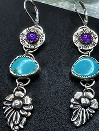Image 5 of Kingman Turquoise and Amethyst Earrings, set in Sterling Silver. Long Earrings