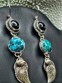 Image 2 of Hubei Turquoise and Black Onyx Earrings set in Sterling Silver