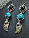 Hubei Turquoise and Black Onyx Earrings set in Sterling Silver