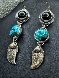 Image 3 of Hubei Turquoise and Black Onyx Earrings set in Sterling Silver