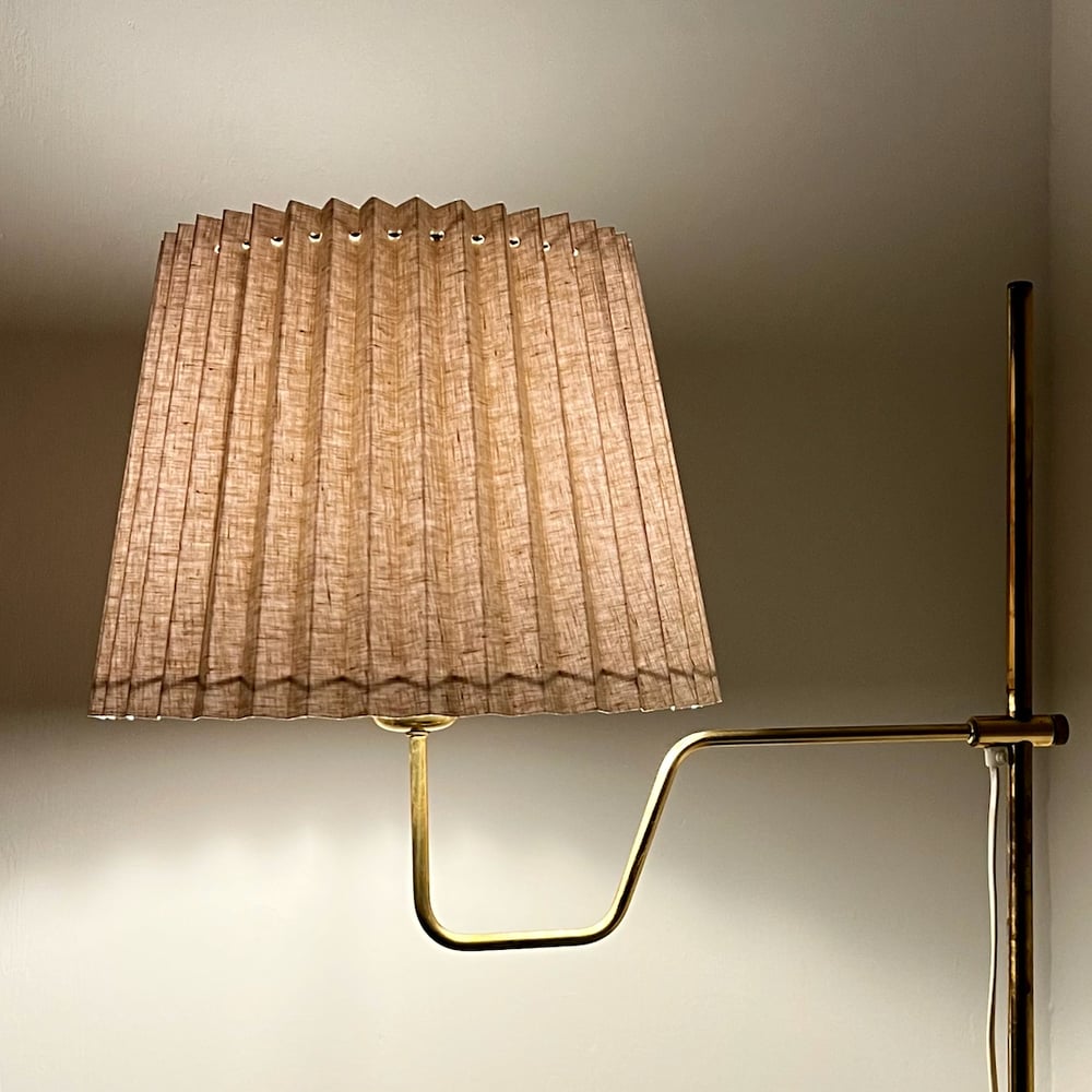 Image of Pair of Brass Floor Lamps by Jakobsson with Hand-Made Linen Shades (Reserved)