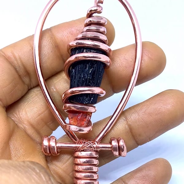 Image of Fully Wrapped Black Tourmaline and Mexican Fire Opal Ankh