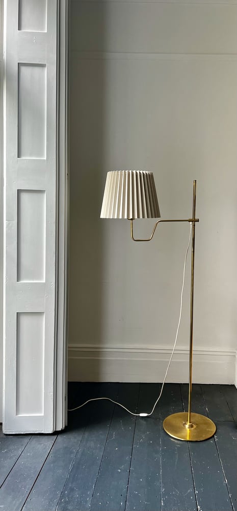 Image of Pair of Brass Floor Lamps by Jakobsson with Hand-Made Linen Shades (Reserved)
