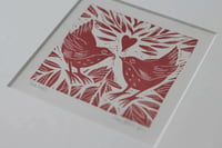 Image 1 of Wrens in the willow 4x4 inch original linocut red