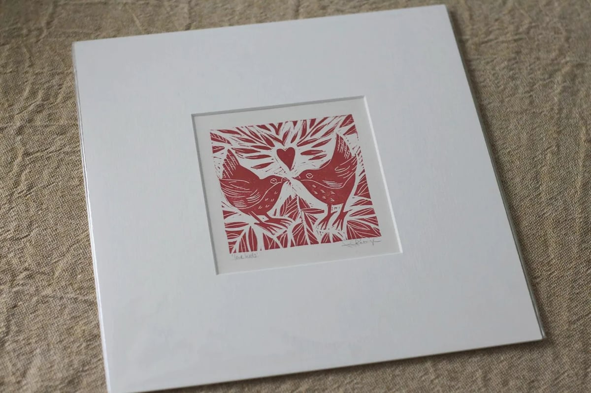 Image of Wrens in the willow 4x4 inch original linocut red