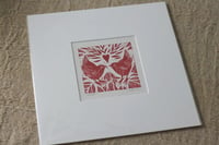 Image 2 of Wrens in the willow 4x4 inch original linocut red