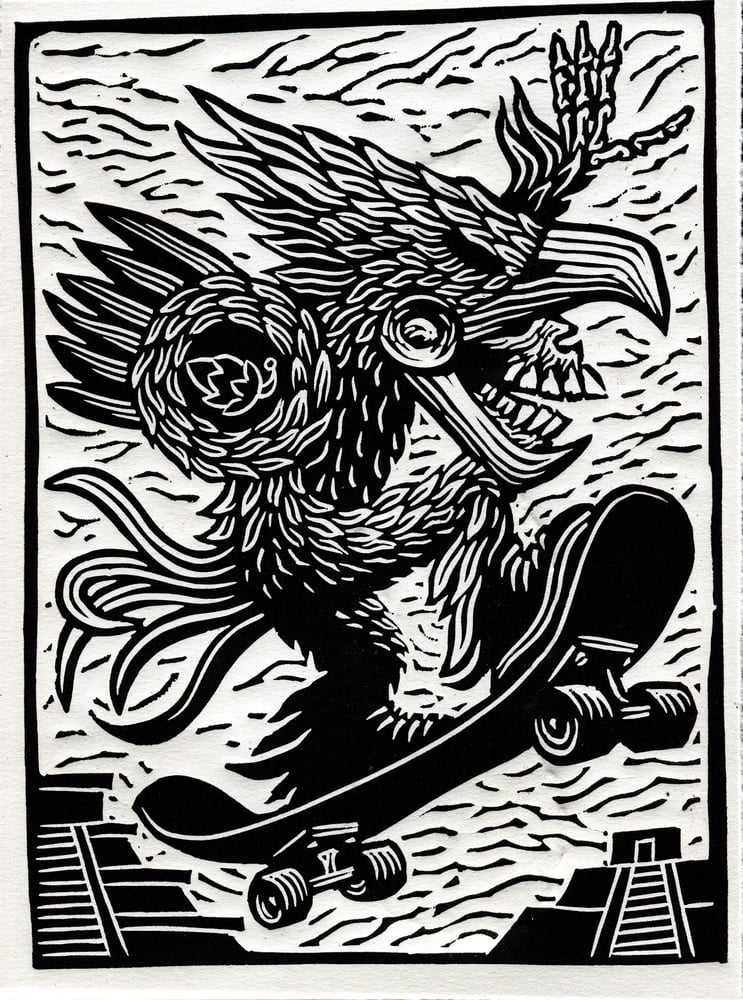 Image of "El Patineto Aguila Azteca" - Limited Edition Lino Print (Only 15) by Sergio Sánchez Santamaría!!!
