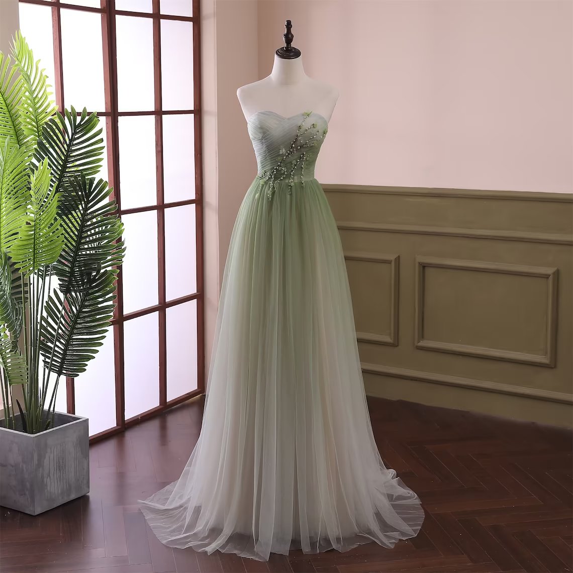  Green Gradient Tulle Sweetheart Beaded Long Formal Dress, Green Evening Party Dresses