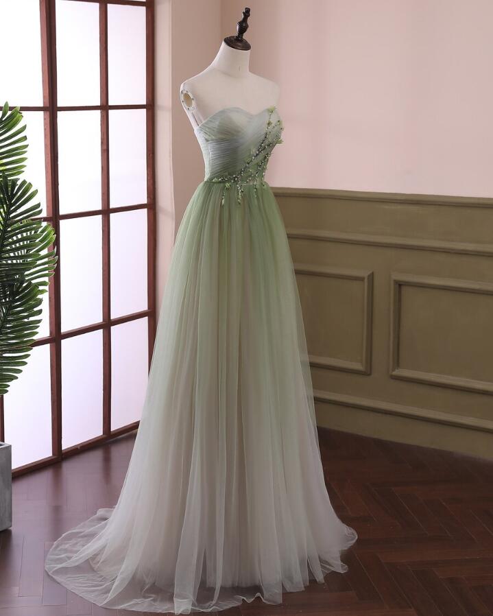  Green Gradient Tulle Sweetheart Beaded Long Formal Dress, Green Evening Party Dresses
