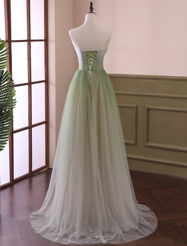  Green Gradient Tulle Sweetheart Beaded Long Formal Dress, Green Evening Party Dresses