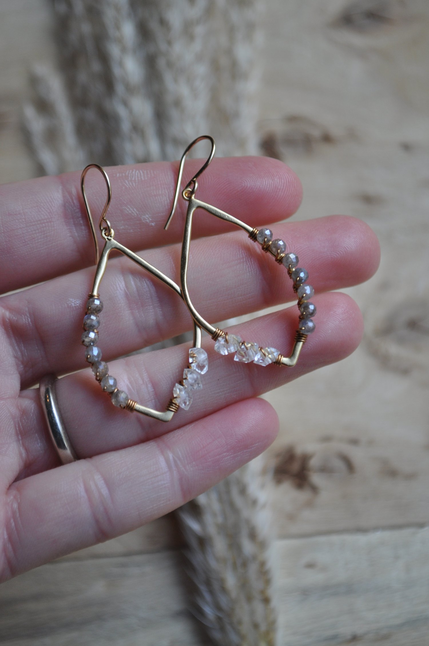 Image of Gray Moonstone and Herkimer Diamond Teardrop Dangles