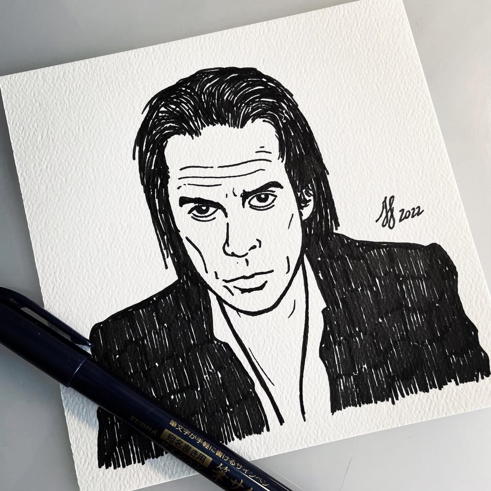 Image of Nick Cave Original Ink Portrait Drawing