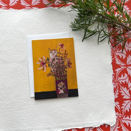 Image of Cat and Honeysuckle Greetings Card