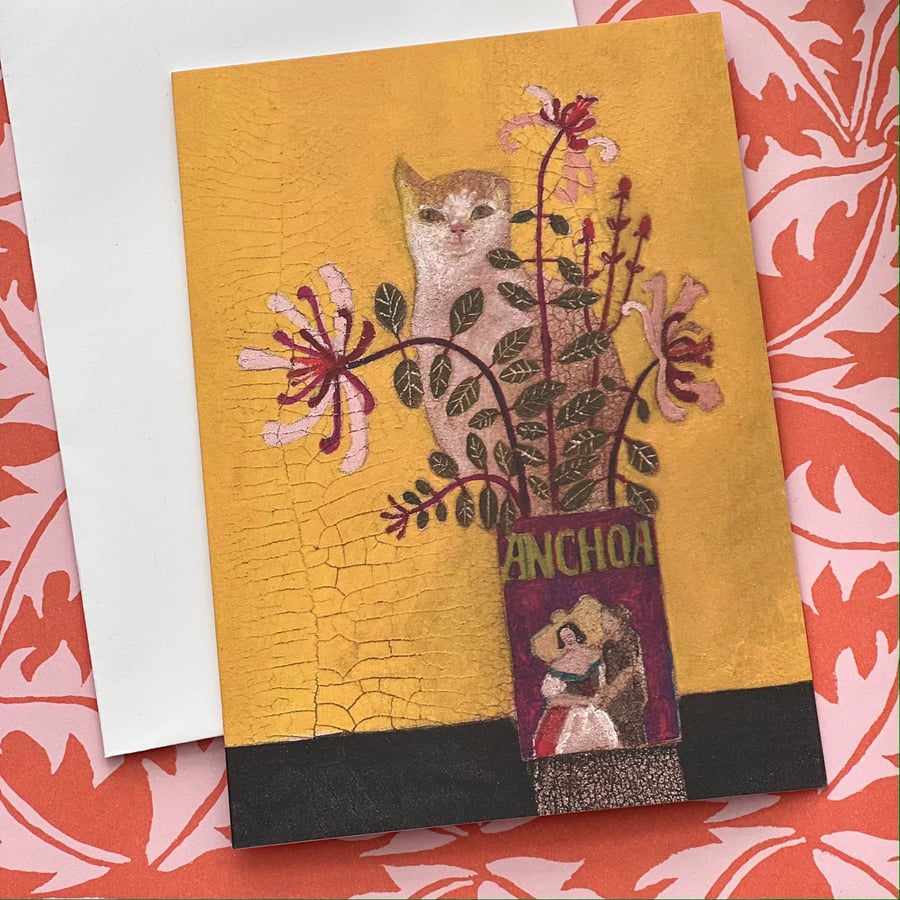 Image of Cat and Honeysuckle Greetings Card