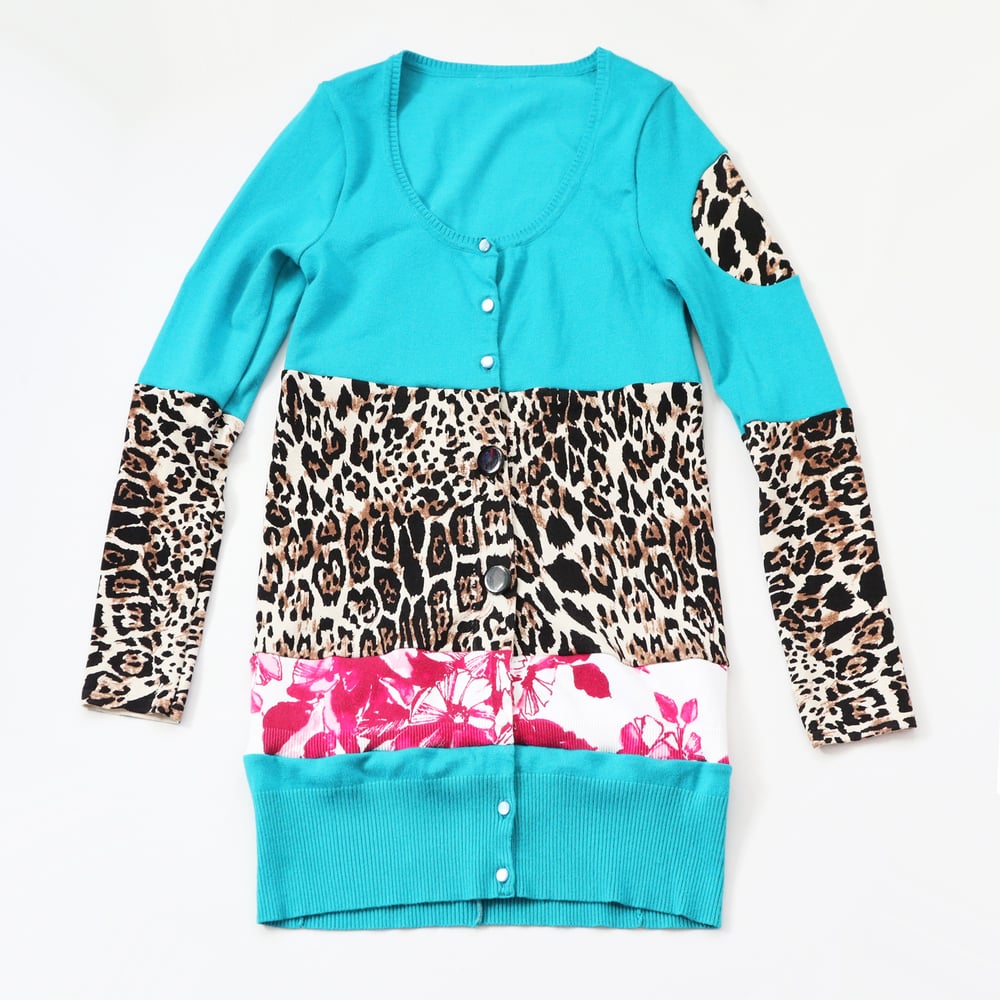 Image of teal animal print floral 10/12 sweater buttons courtneycourtney long cardigan 