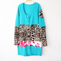 Image 3 of teal animal print floral 10/12 sweater buttons courtneycourtney long cardigan 