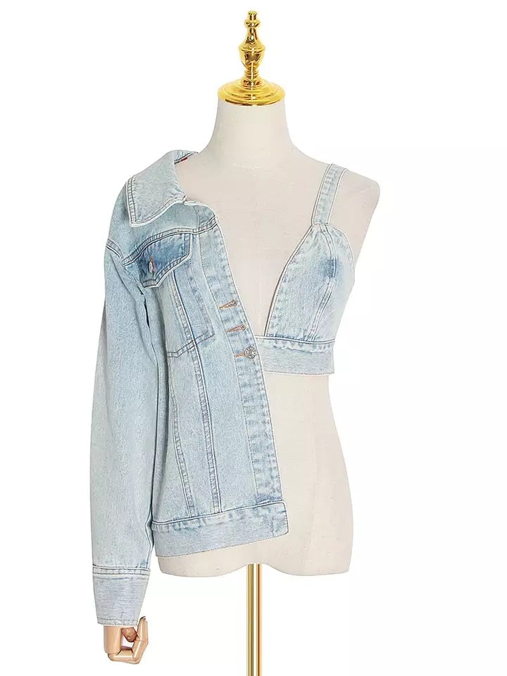 Image of Denim One Shoulder Crop Jacket 