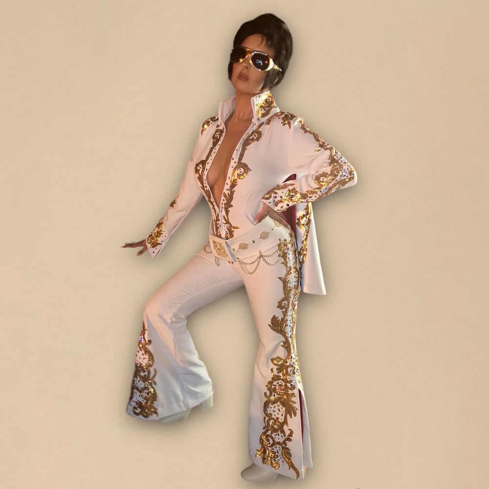 Image of Elvis Presley Ladies Costume Cosplay White Vegas Jumpsuit with Cape