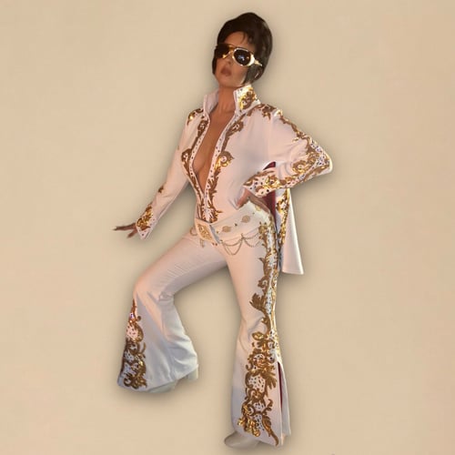 Image of Vegas King Ladies Costume Cosplay White Jumpsuit with Cape