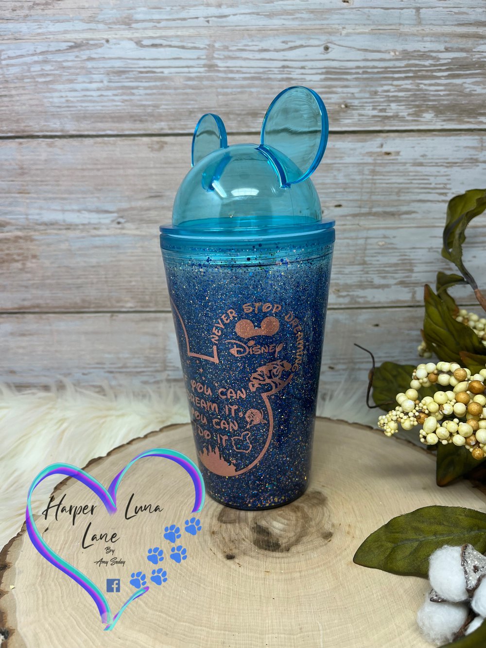 Image of 16oz Blue Rose Gold Mouse Ears Tumbler