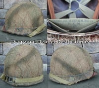 Image 2 of WWII M1 USMC Helmet Fixed bale Front Seam & Westinghouse Liner Marine Raider Burlap Camo Cover.