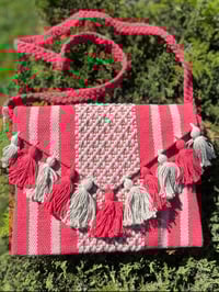 Image 1 of Knit Crossbody with Poms - Coral
