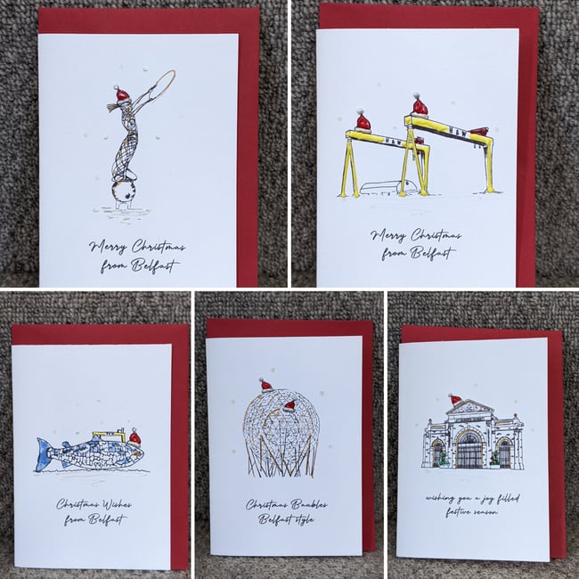 BELFAST AND NORTHERN IRELAND LANDMARK CHRISMAS CARDS 5 PACK