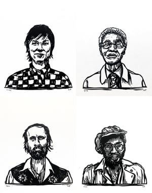 Linocut Music Portraits inc. Scott Walker, Patti Smith, Kim Deal, Ivor Cutler, Biz Markie and more