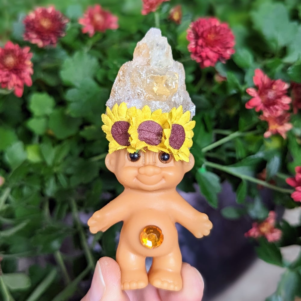 Citrine "Golden Amethyst" Crystal Troll Shorty with Sunflower Crown 3.5"