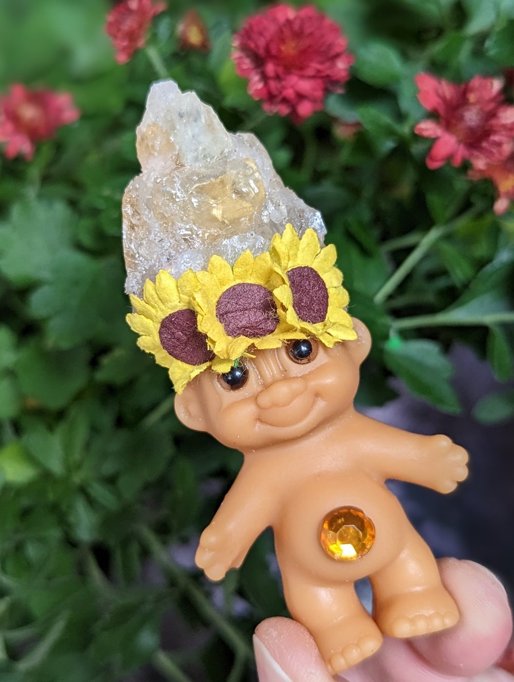 Citrine "Golden Amethyst" Crystal Troll Shorty with Sunflower Crown 3.5"