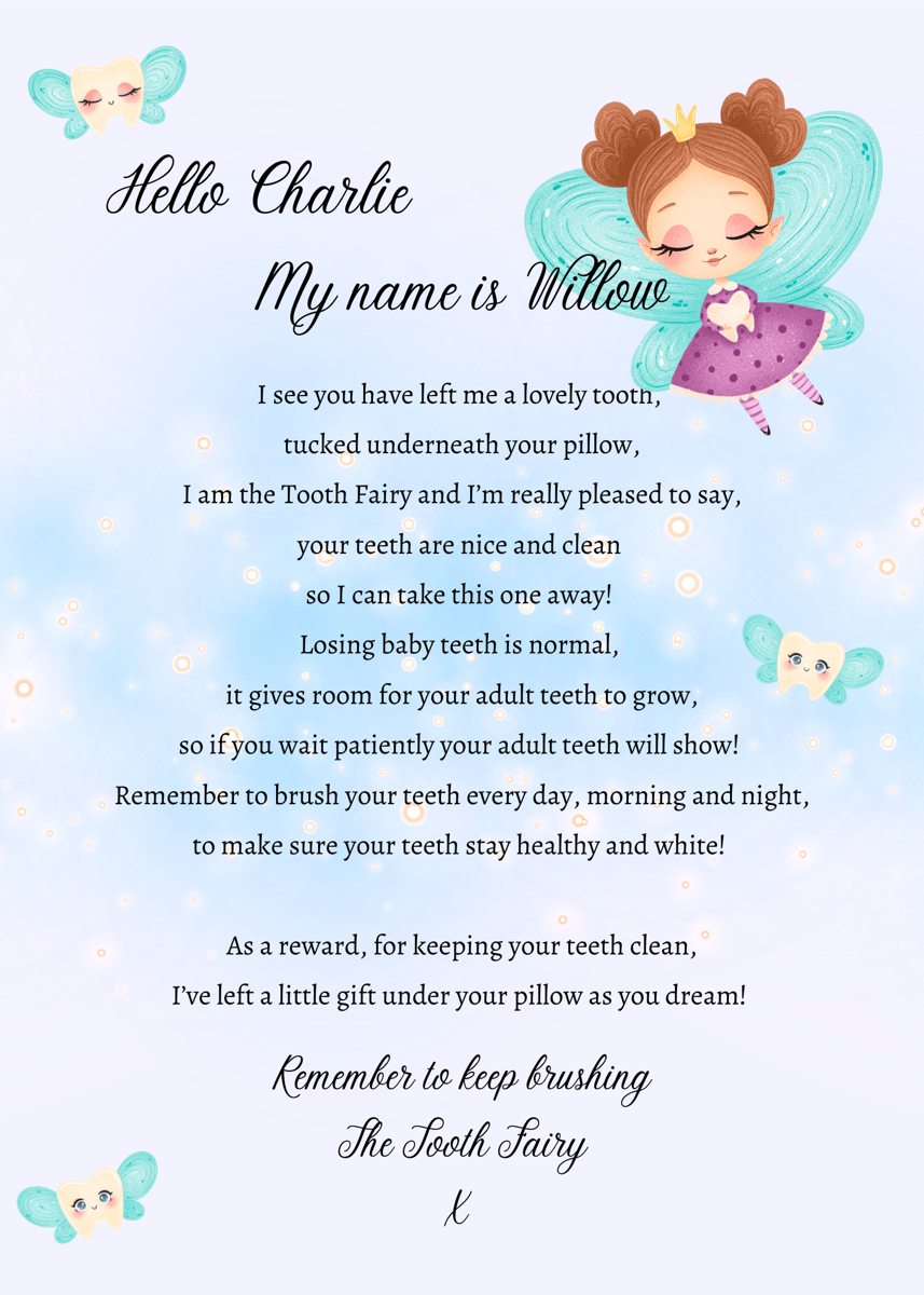 Personalised rhyming Tooth Fairy letter | Worduponthewall for Free Printable Dummy Fairy Letter Template