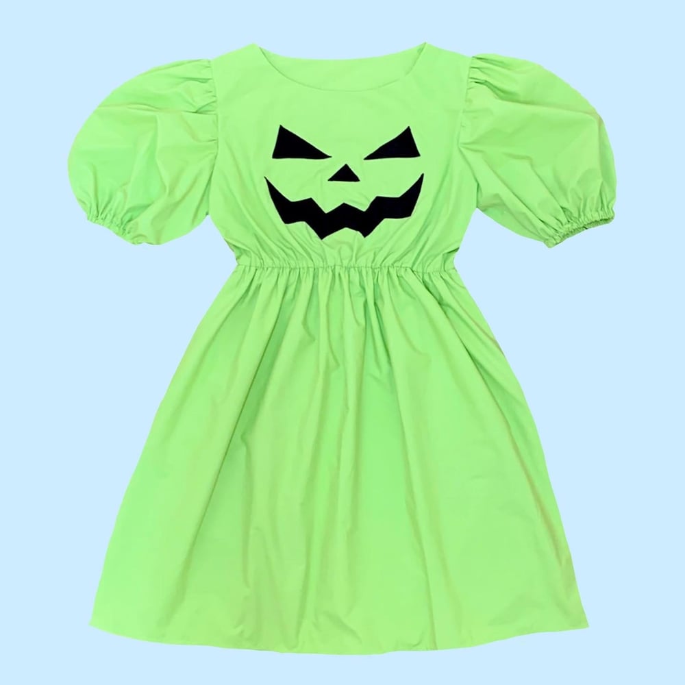Image of Puff Sleeve Dress — Scary Green Jack O’Lantern