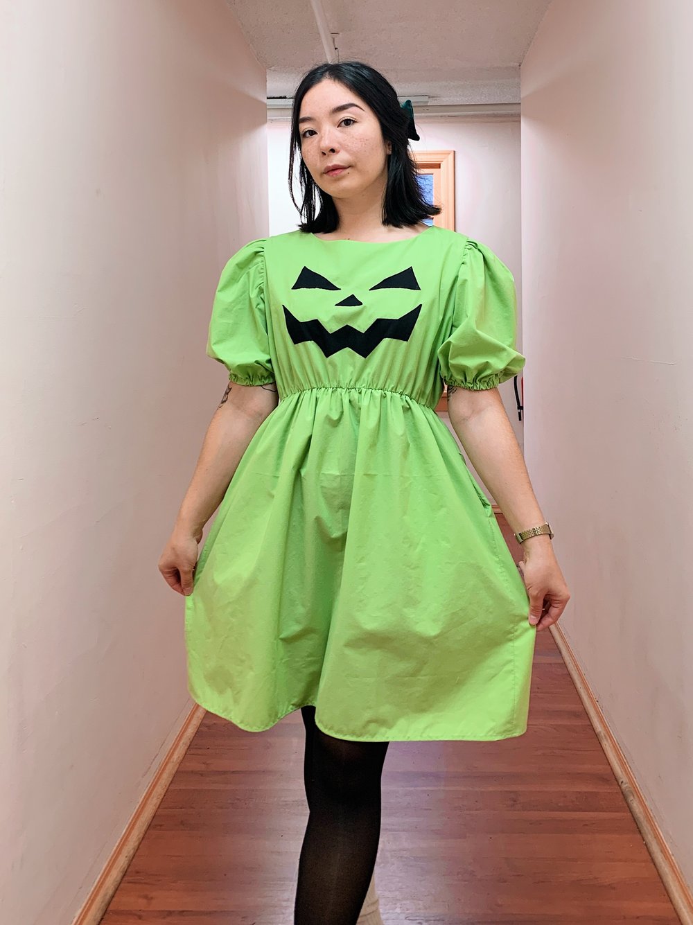 Image of Puff Sleeve Dress — Scary Green Jack O’Lantern