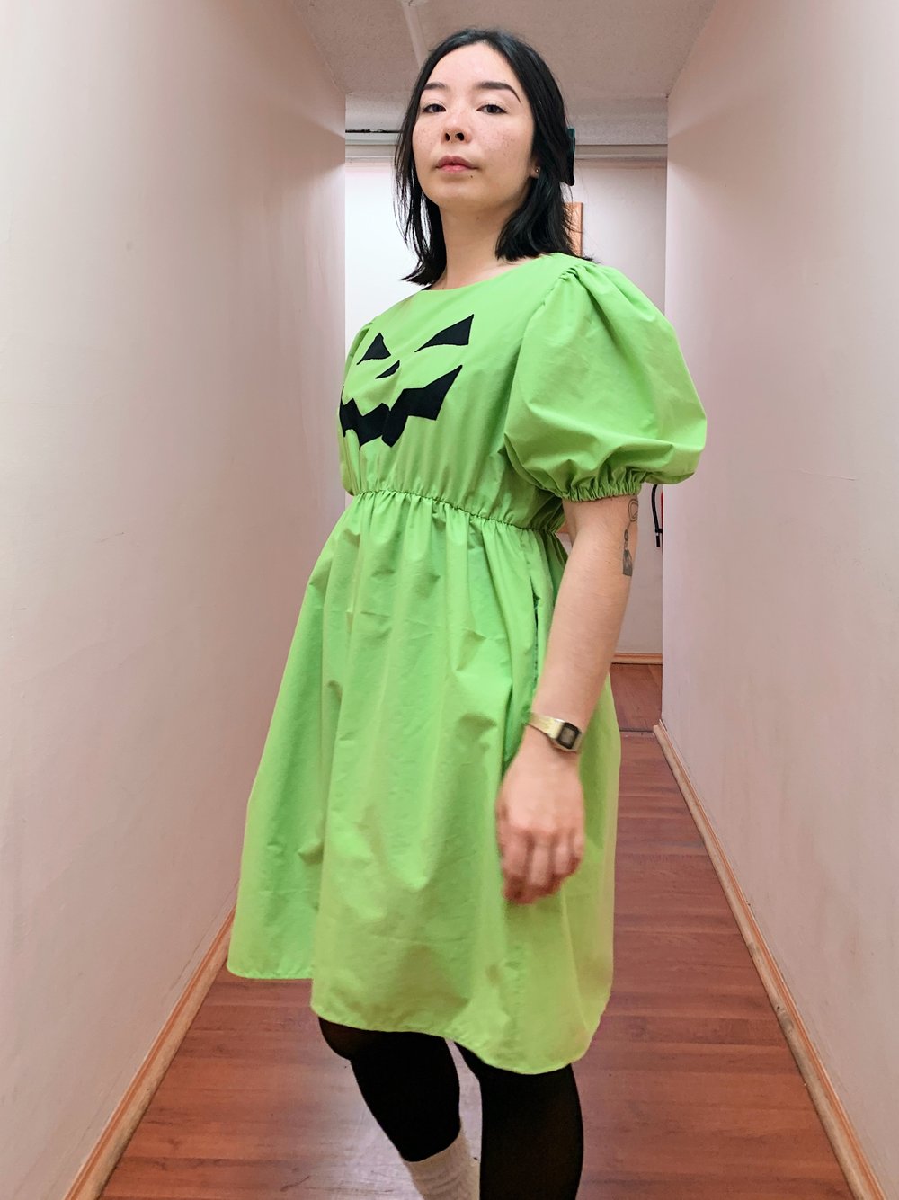 Image of Puff Sleeve Dress — Scary Green Jack O’Lantern