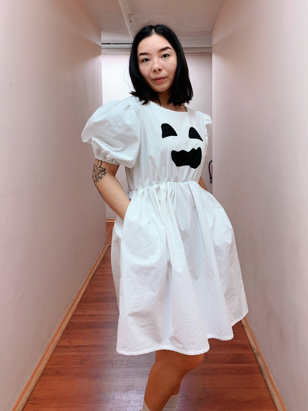 Image of READY TO SHIP Puff Sleeve Dress — Spooky White Ghostie