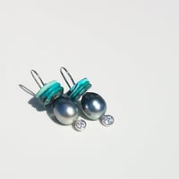 Image 2 of Small Tahitian Pearl & Turquoise Disc Earrings 